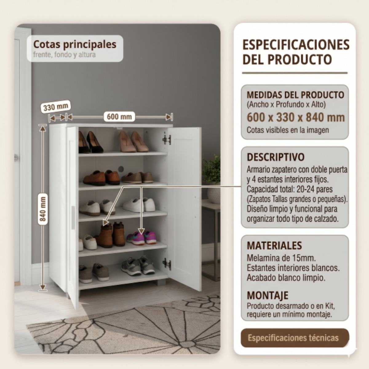 ZAPATERO NAPOLES BLANCO 60X33C84 CM H321-B
